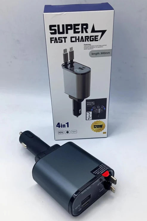 4-in-1 Retractable Car Charger – Fast Multi-Device Charging