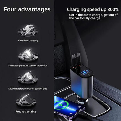 4-in-1 Retractable Car Charger – Fast Multi-Device Charging