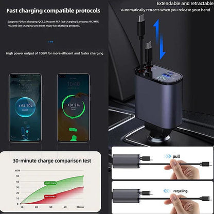 4-in-1 Retractable Car Charger – Fast Multi-Device Charging